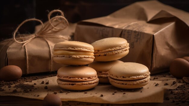 Macarons on brown paper background sweets