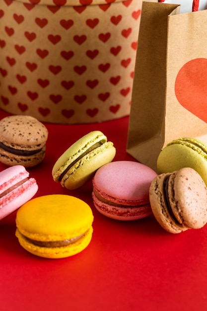 Macarons on a red background