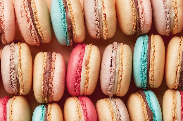 Macarons. Sweet and colourful french macaroons. Close up