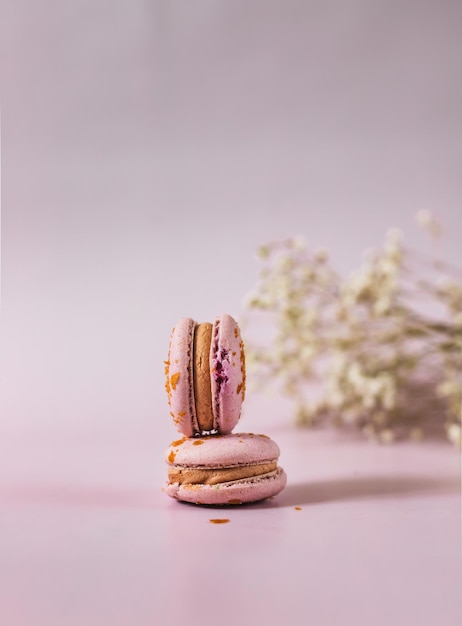 Macarons with coffee and vanilla filling Dessert for tea or coffee break Pastel color