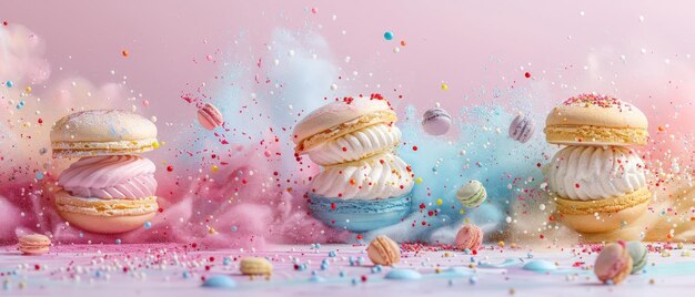 Photo macarons with colorful sprinkles and pastel background