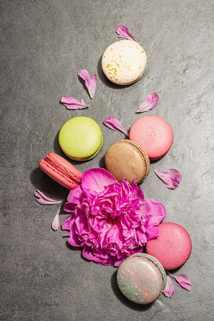 Photo macarons with peony flower on a stone background sweet dessert colorful and pastel colors