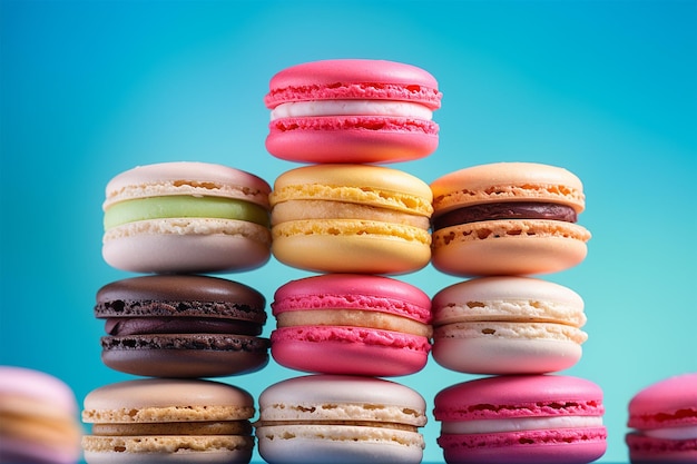 Macaroons biscuits on blue background close up delicious