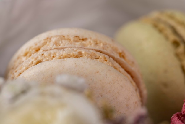 Macaroons confectionery with the use of eggs and sugar a closeup of the sweet dessert Macaroons beige