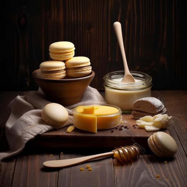 Macaroons and a jar of honey on a wooden table