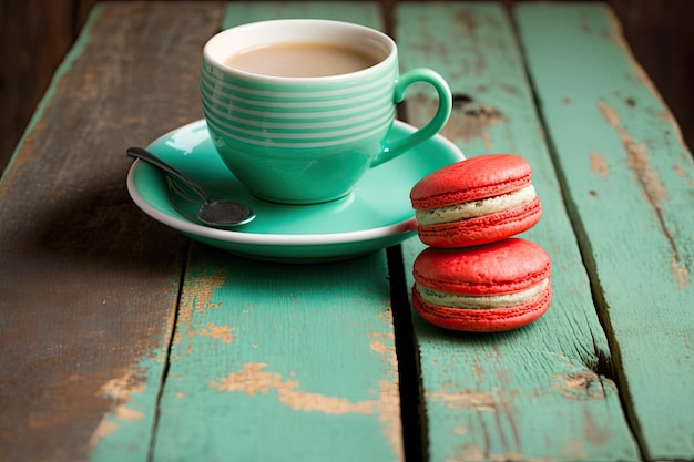 Macaroons with teacup on wooden table