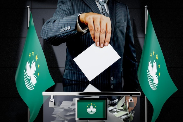 Macau flags hand dropping voting card election concept 3D illustration