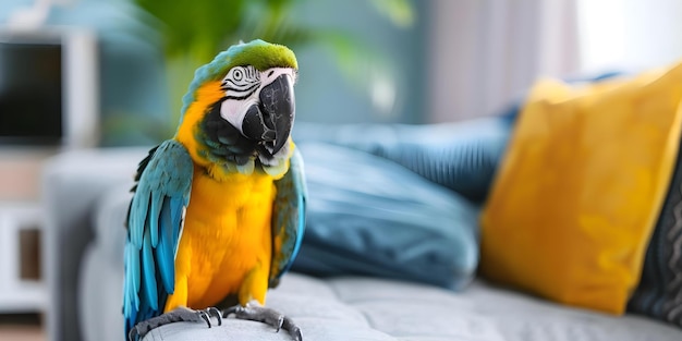 Photo macaw on the couch in a modern apartment concept exotic pet photography interior design stylish parrot home decor animal portraits