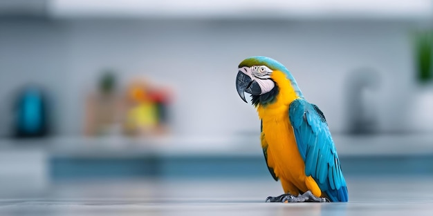 Macaw on the floor in a modern kitchen Concept Bird Photography Exotic Pets Home Decor Colorful Interior Modern Design