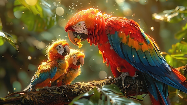 Macaw parrot with its young ones