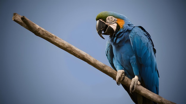 Photo macaw perched on a branch on a blue background realistic photo texture pattern background wallpa