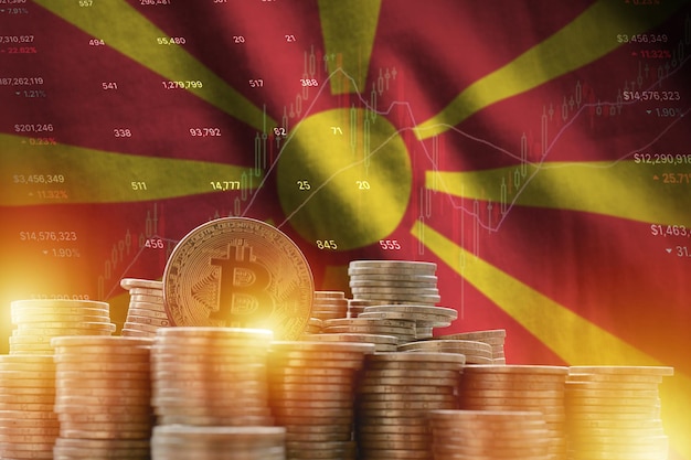 Macedonia flag and big amount of golden bitcoin coins and trading platform chart Crypto currency