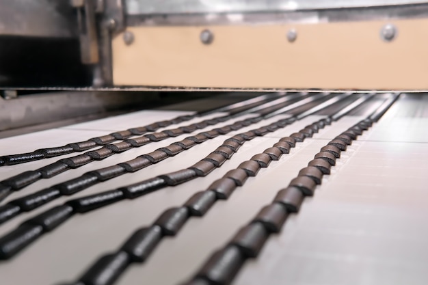 Machine for cutting fruit pastilles at the confectionery factory, close up