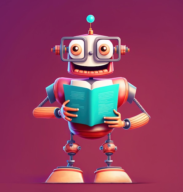 Machine learning concept funny robot wearing glasses holding a book standing over dark red background 3D illustration