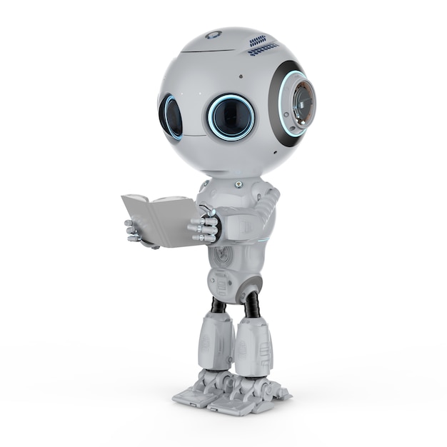 Machine learning concept with 3d rendering cute artificial intelligence robot reads book