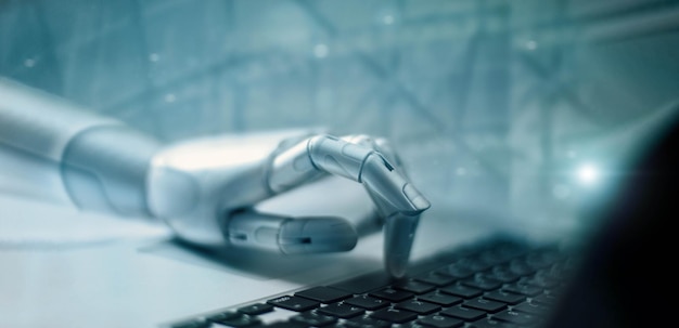 Machine learning Hand of robot touching on binary data Futuristic Artificial intelligence