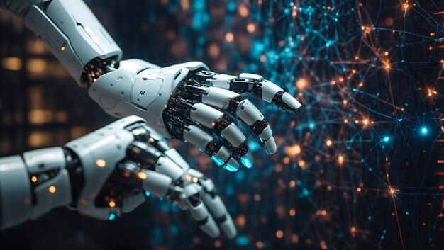 Machine learning Hands of robot and human touching on big data network connection background AI