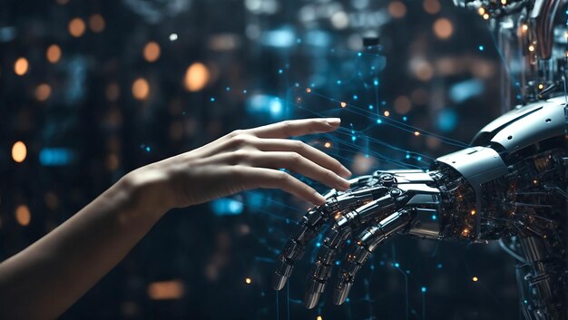 Machine learning Hands of robot and human touching on big data network connection background AI