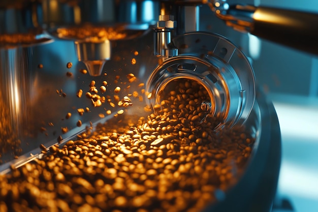 a machine with coffee beans and a glass with a coffee machine in the background