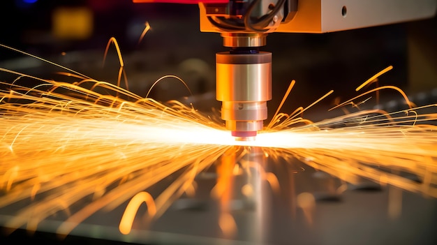 A machine with a laser cutting machine with sparks flying around it.