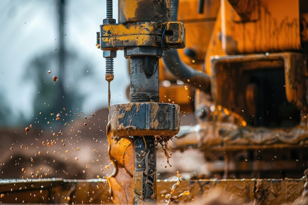 Photo machinery extracting soil at a construction site during daylight with splashing mud