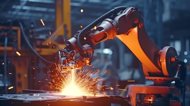 Machines with automation robot arms in intelligent factories use software for realtime monitoring Generative AI Robotic Welding and Digital Manufacturing