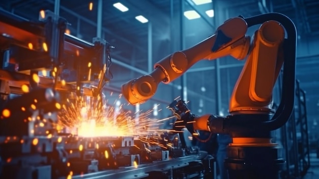 Machines with automation robot arms in intelligent factories use software for realtime monitoring Generative AI Robotic Welding and Digital Manufacturing