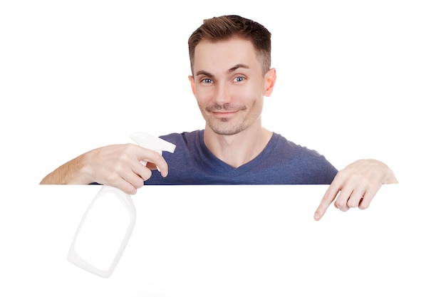 Macho hold plastic spray bottle isolated on white background. Man with water sprayer in hand. Gardening and cleaning tool. Housework or household and sanitary concept.