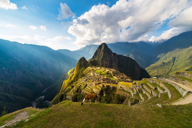 Machu Picchu illuminated by the warm sunset light. Wide angle view from the terraces above with scenic sky and sun burst.