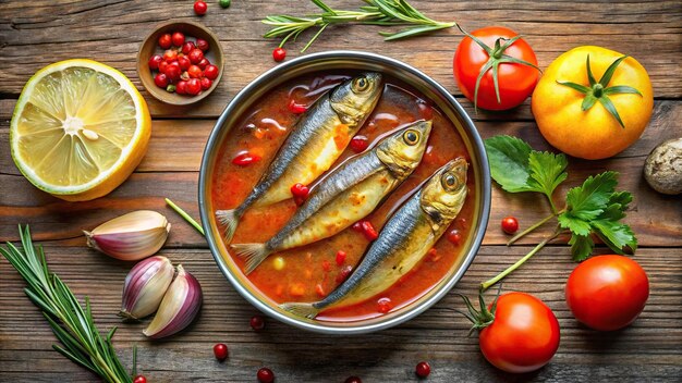 Photo mackerel fish in tomato sauce with herbs