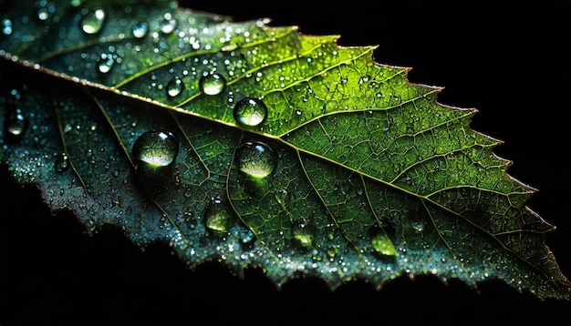 macro 2x photography of a tree leaf with water drops on its surface