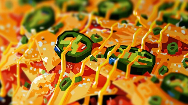 Photo macro of an 8bit nachos plate digital cheese drizzled over pixel jalapeaos and chips ar 169 job id a985b0c05a574b868b67b5ea55a5fdcc