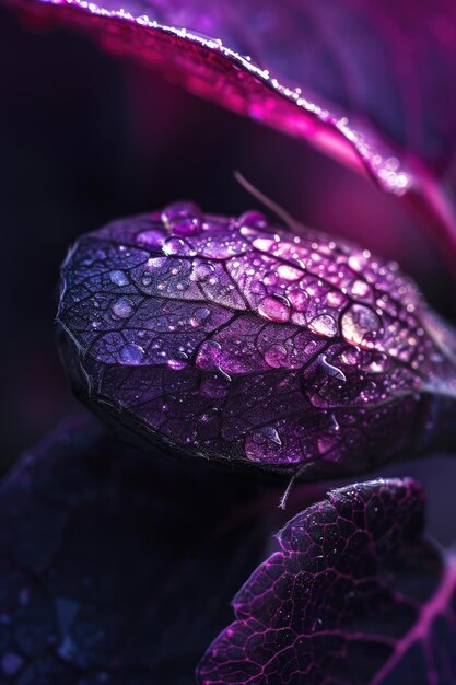 Macro beauty of a leaf veined with dewdrops under a mystical purple light