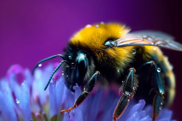 Macro bee drops violet flower Blossom nature Generate Ai