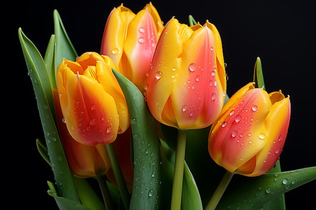 Macro bright tulips with drops