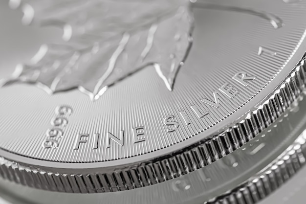 Macro Close up of a 999% Silver Canadian Maple Leaf Bullion Coin