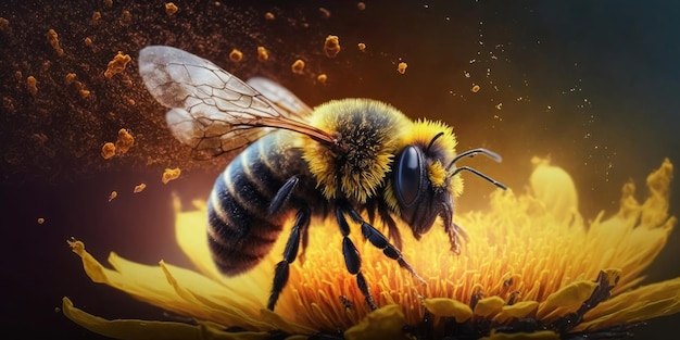 Macro close up of a bumble bee collecting yellow flower pollen Generative ai