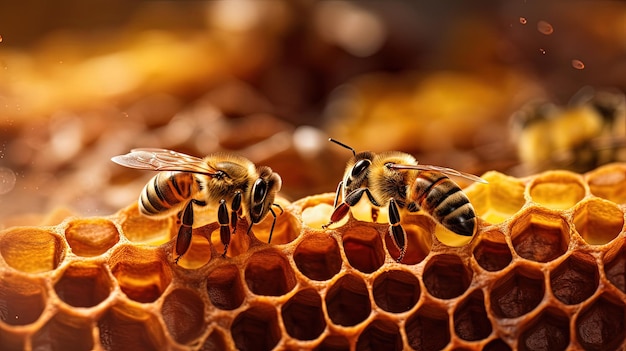 Macro closeup of bee hive with detail of honeycomb