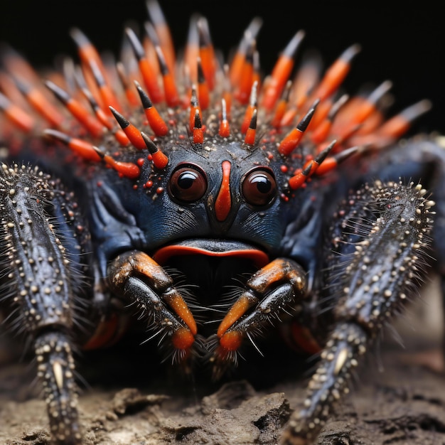 Macro closeup of a black and orange spider on the ground