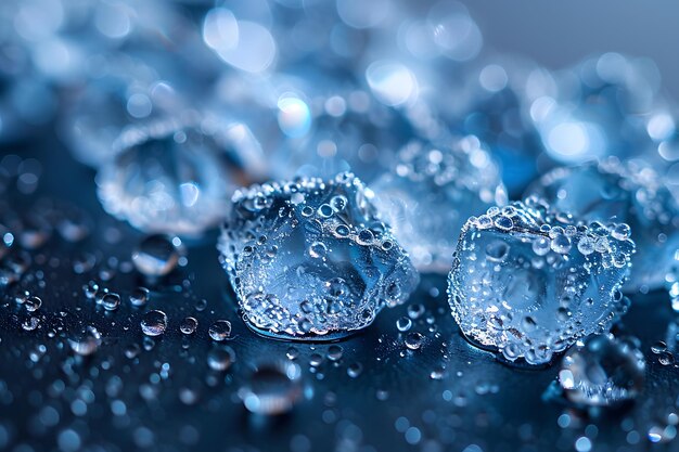 Photo macro closeup of blue ice cubes with water droplets for refreshing summer themes and cooling concepts