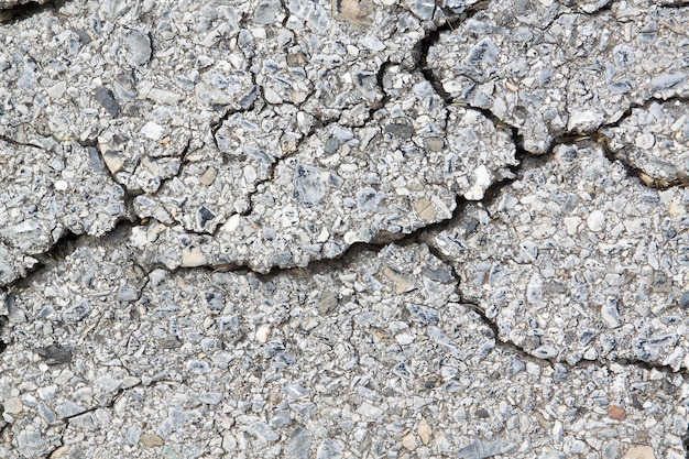 Macro closeup on concrete asphalt cracks on the road.