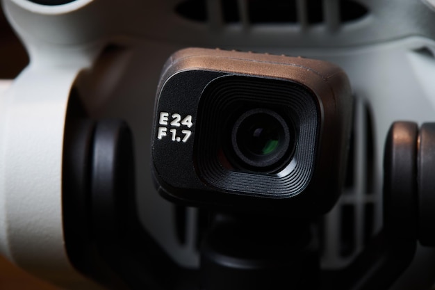 Macro closeup of a digital camera mounted on a drone