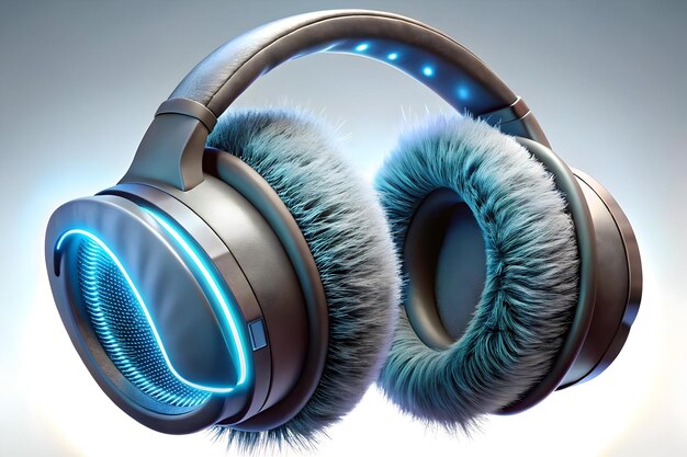 Photo macro closeup of futuristic earmuffs with glowing fiber technology intricate modern design and hi