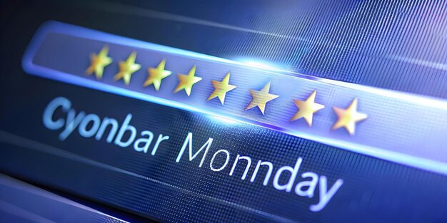 Photo macro closeup of glowing product rating bar on futuristic ecommerce website for cyber monday capt