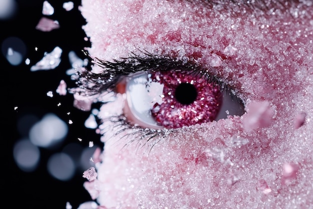 Photo macro closeup of a human eye covered in pink and white crystals