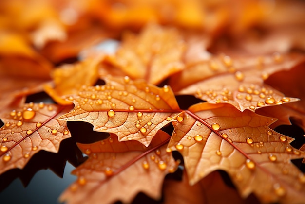 Macro closeup of red maple leaves rain drops Generative AI