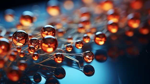 Photo macro closeup of shiny metallic and orange molecules interconnected in a network