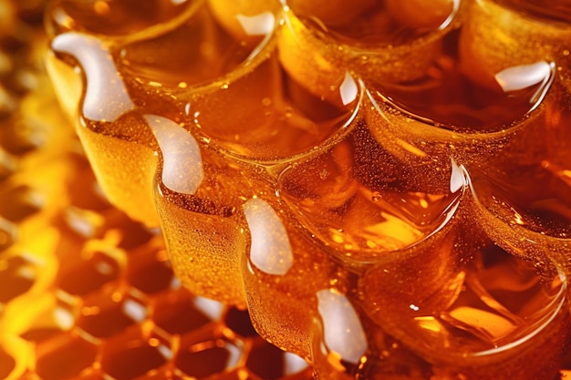 Macro detailed golden honey and honeycombs Liquid sticky texture Natural products background