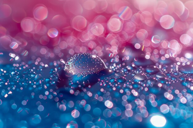 Macro of Dew Drops on Blue and Pink Surface with Bokeh Effect