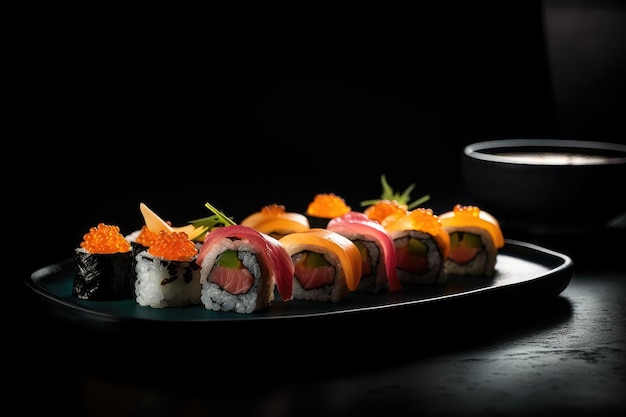 Macro food photography Plate of sushi rolls AI generated